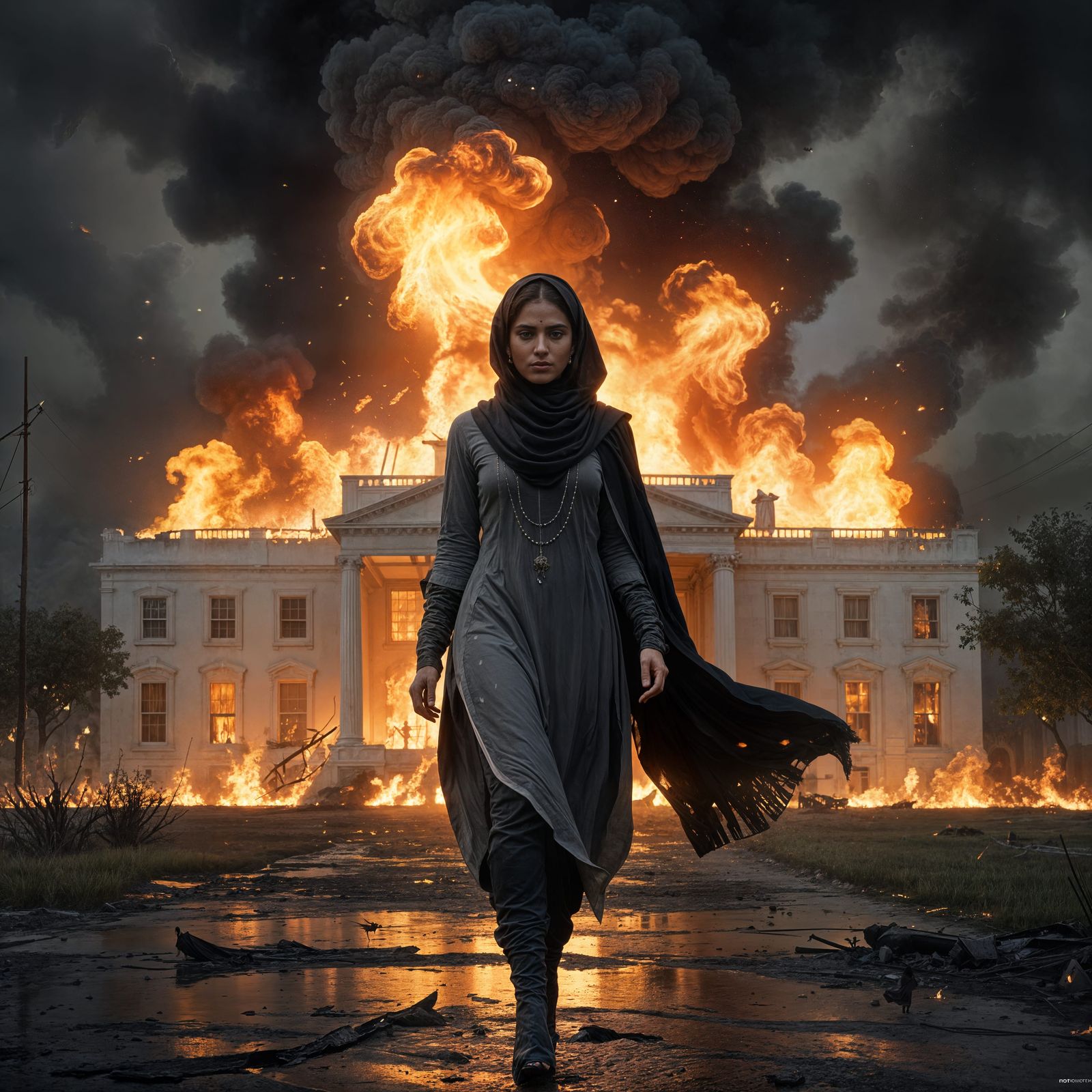 Pakistani Woman Walks Past Burning White House
