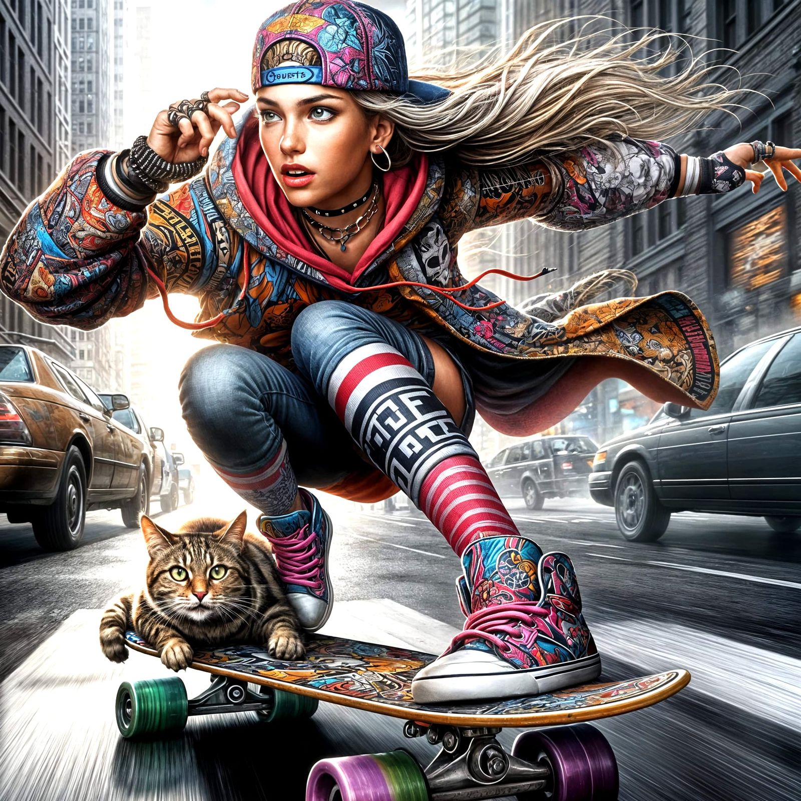 Hip-Hop Girl Skateboarding with Cat in City