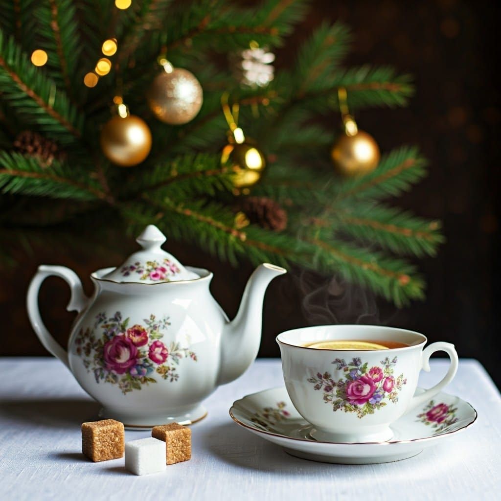 Antique Teapot Still Life with Christmas Decorations