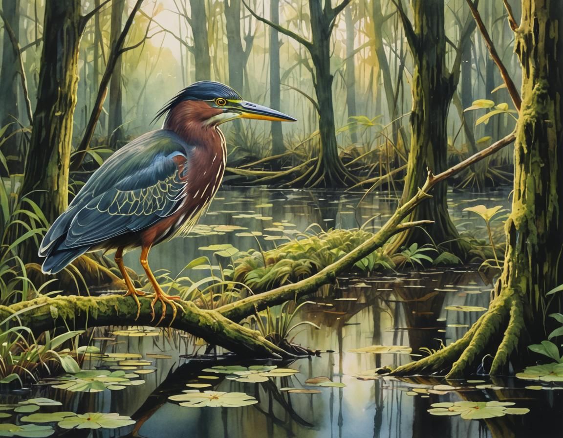 Green Heron in Swamp: Watercolor Gouache Painting
