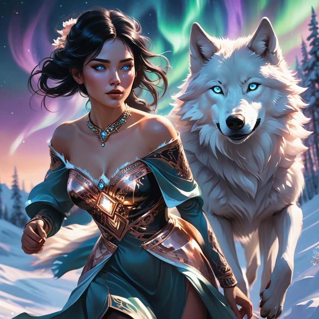 Girl and Wolf Under Northern Lights, Digital Art