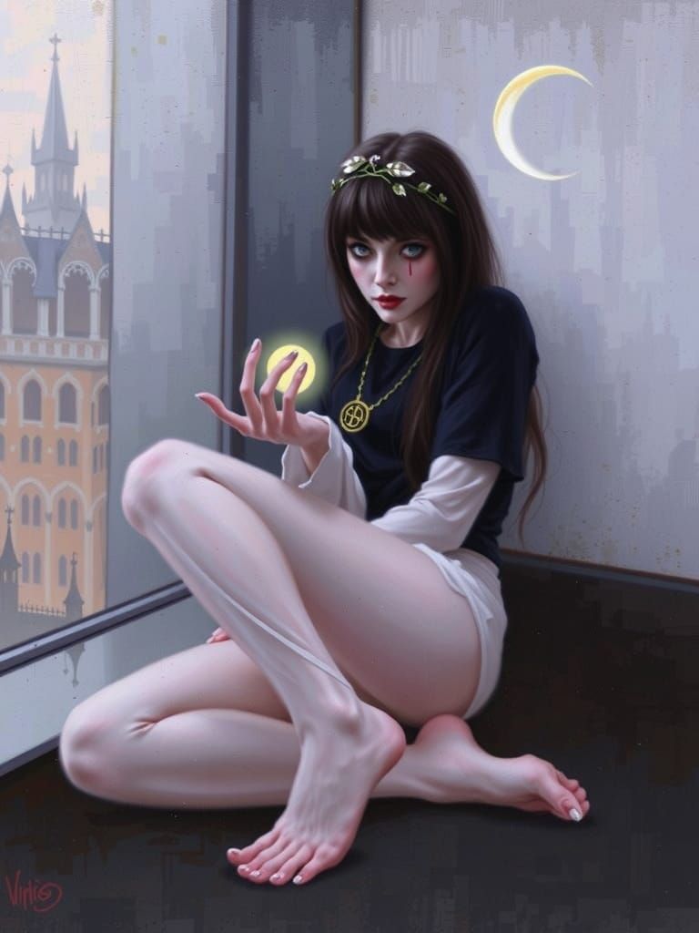 Ethereal Vampire Woman in Classical Oil Painting Style