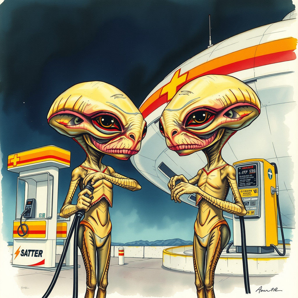 Grumpy Aliens Refueling Spaceship: Storybook Illustration