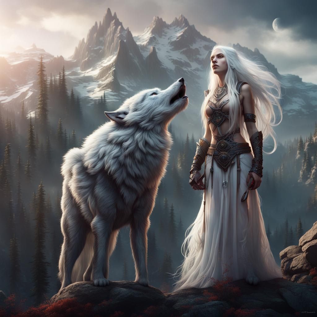 Wolf and Woman in Mountain Landscape