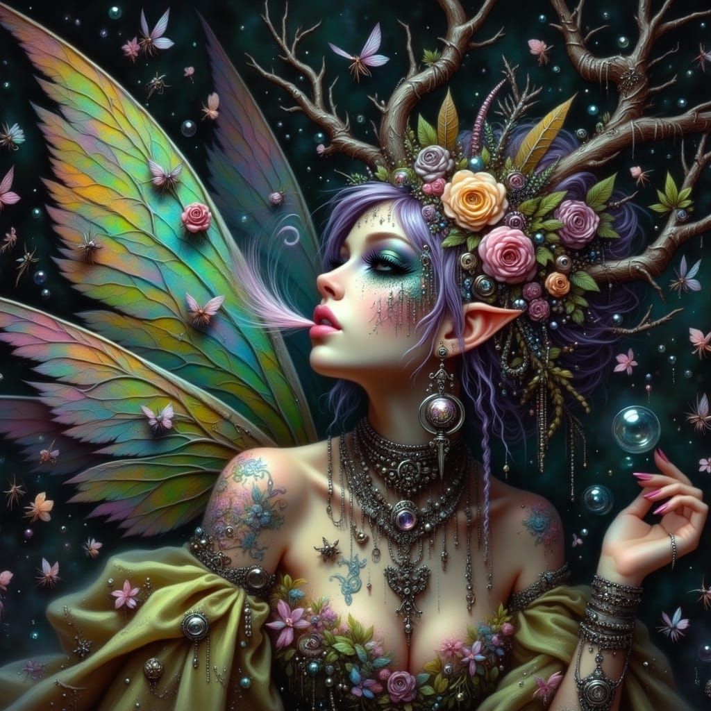 Gothic Fairy Woman with Fireflies in Art Nouveau Style