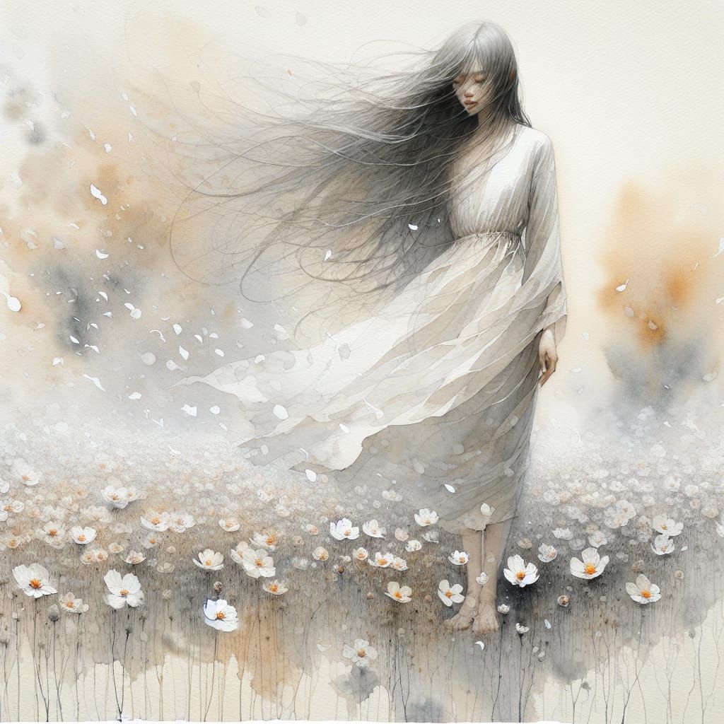 Ethereal Asian Woman in Windswept Watercolor Field