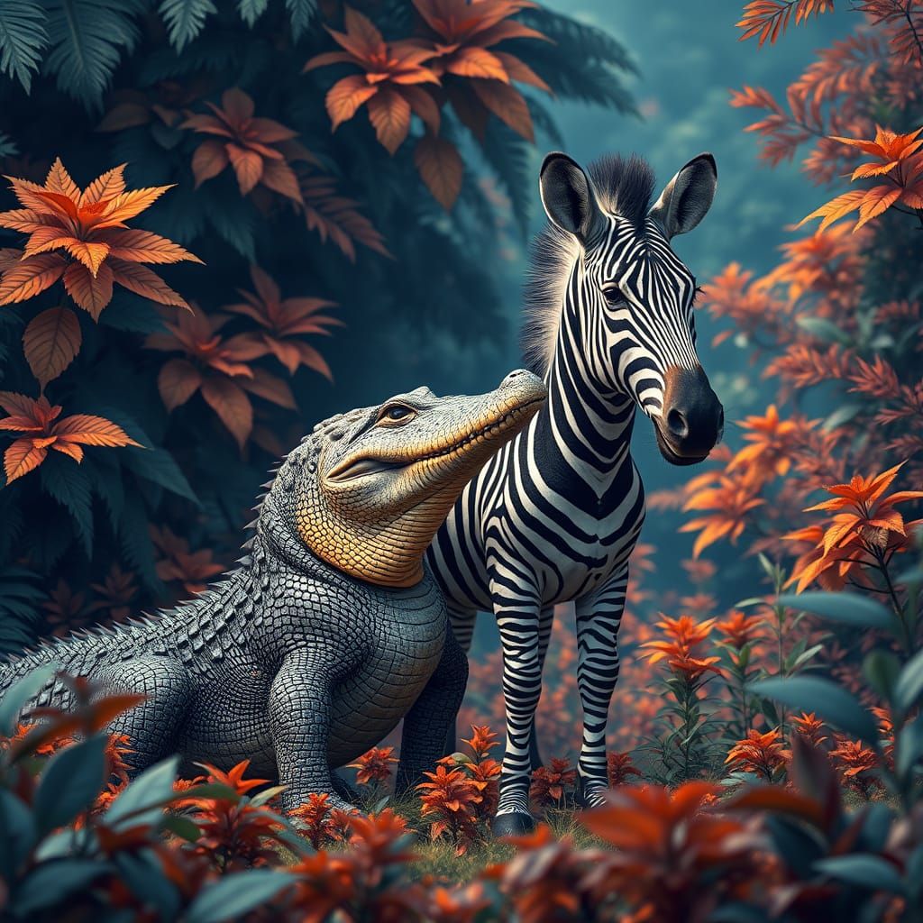 Crocodile and Zebra in Lush Foliage, Fantasy Concept Art Sty...