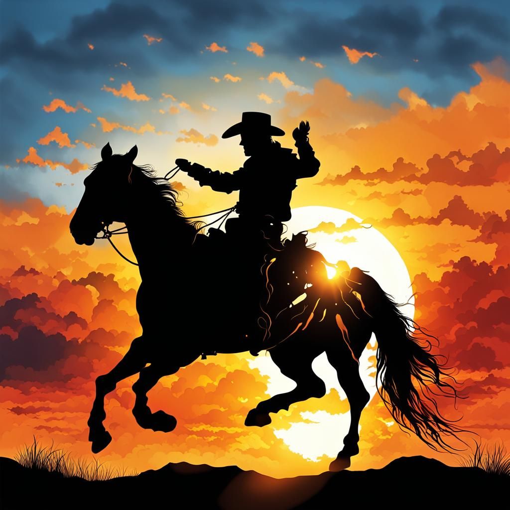 Cowboy Silhouette on Rearing Horse at Sunset