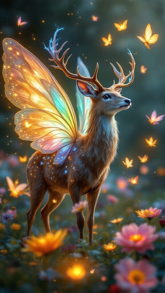 Glowing Fairy Deer Amidst Vibrant Blooms