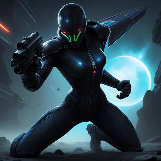 Space Woman Defending Ship in Comic Book Art