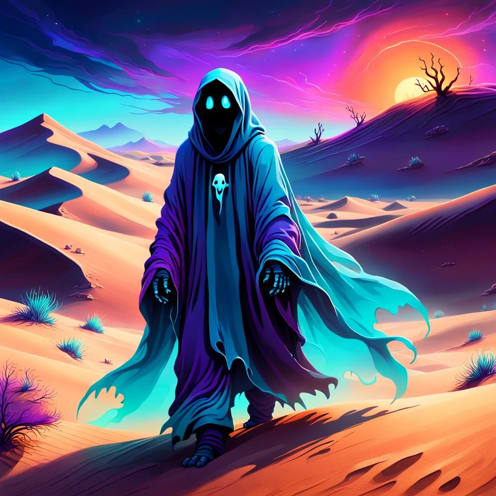 Cartoon Ghost Wandering in Desert, Fantasy Concept Art