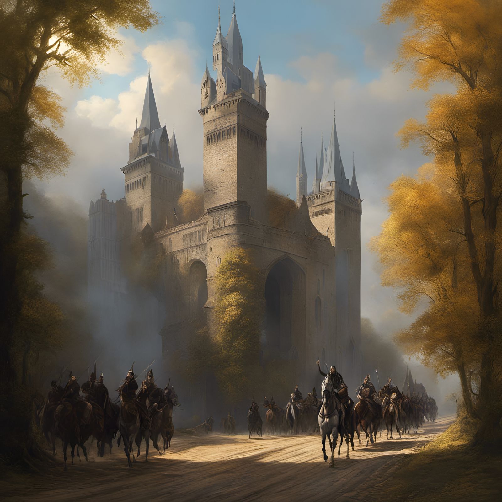 Medieval Army Marches in a Surreal, Detailed Oil Painting