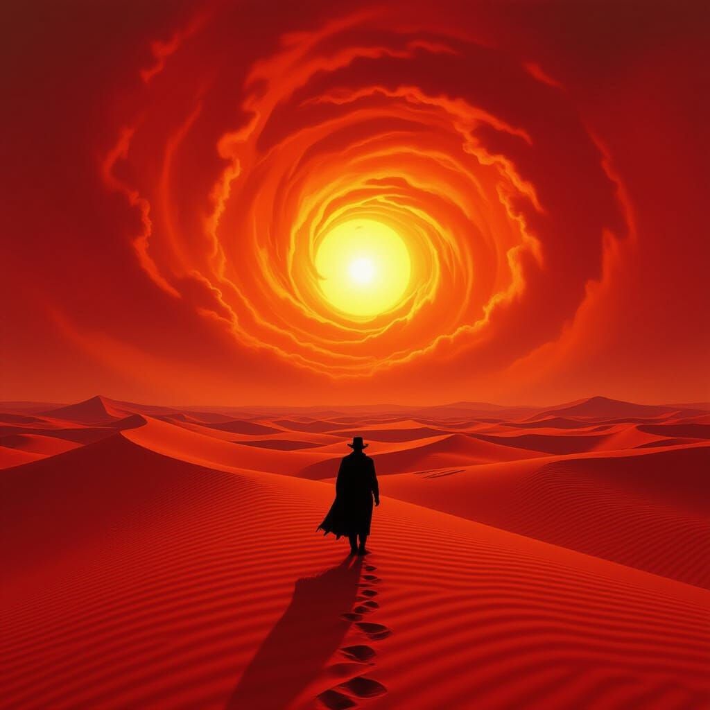 Lone Figure in Vast Red Desert, Cinematic Style