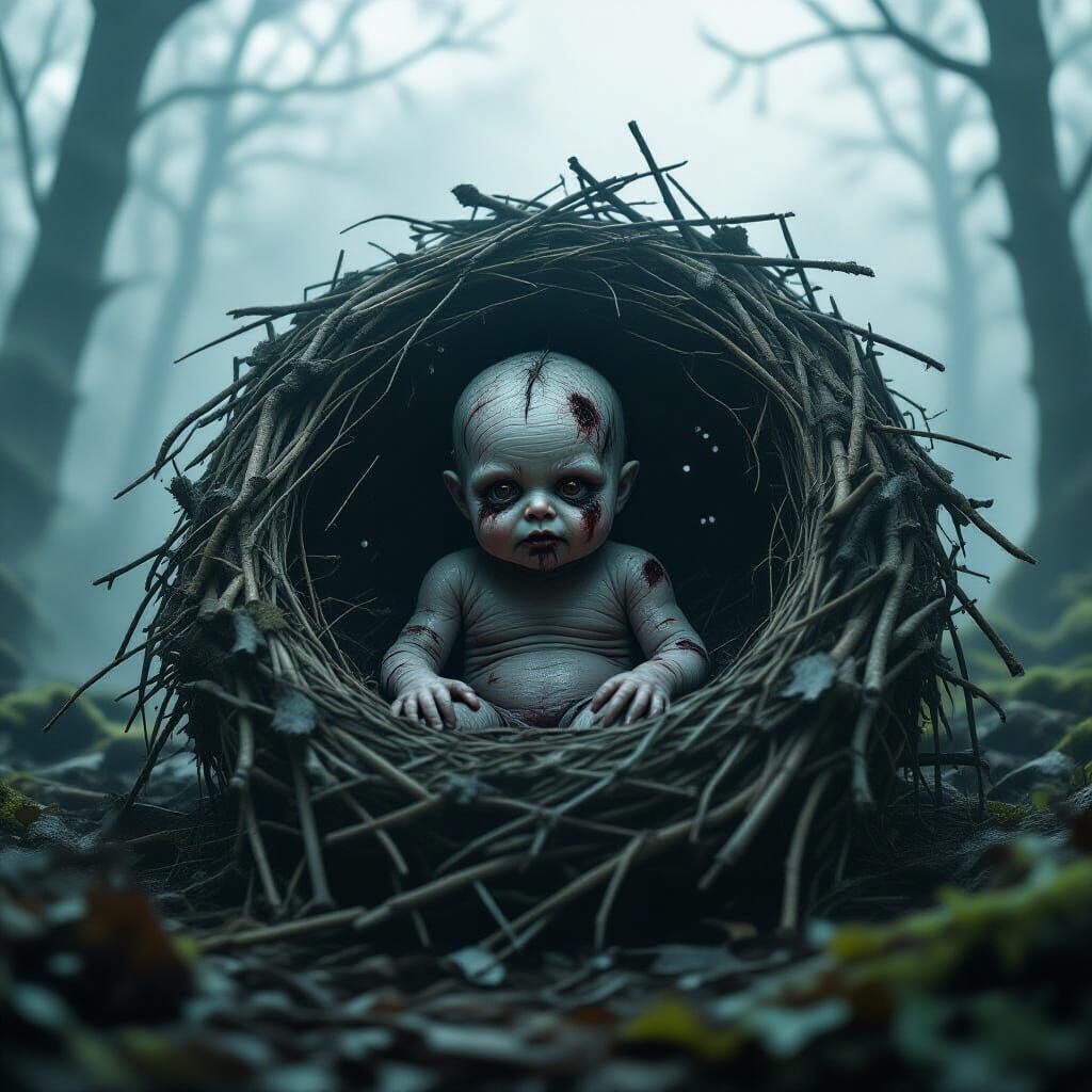 Grotesque Slime Baby in Bone Nest: Horror Realism