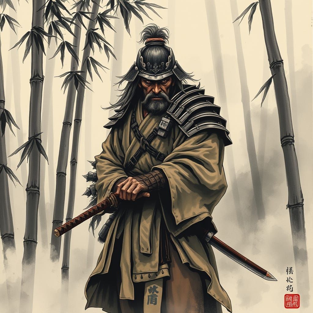 Battle-Weary Samurai Guards Bamboo Forest