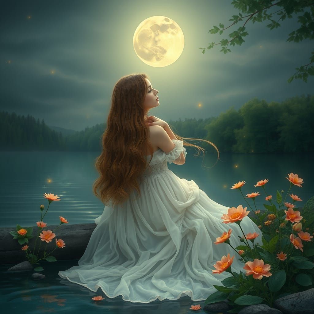 Ethereal Lady Under Silvery Moonlight