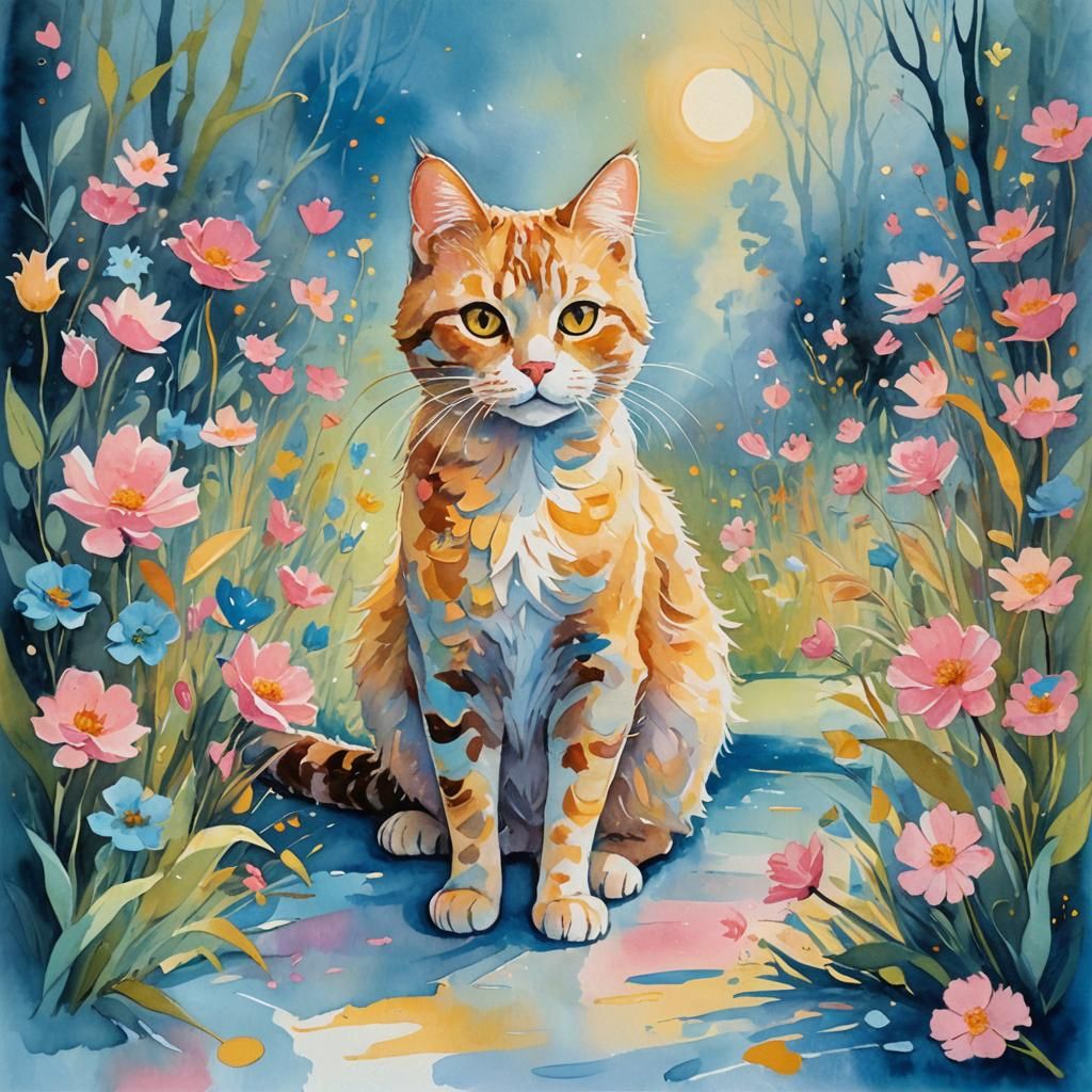 Curious Cat in Dreamlike Realm: Gouache Watercolor
