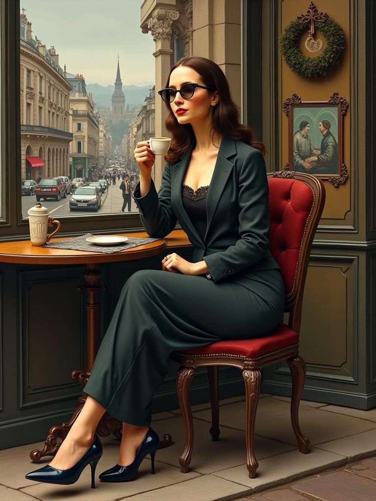 Mona Lisa in Modern Parisian Cafe, Oil on Canvas