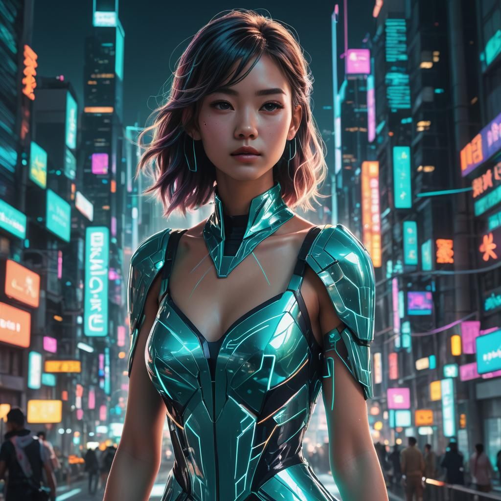 Model in Teal Dress in Neon Cityscape