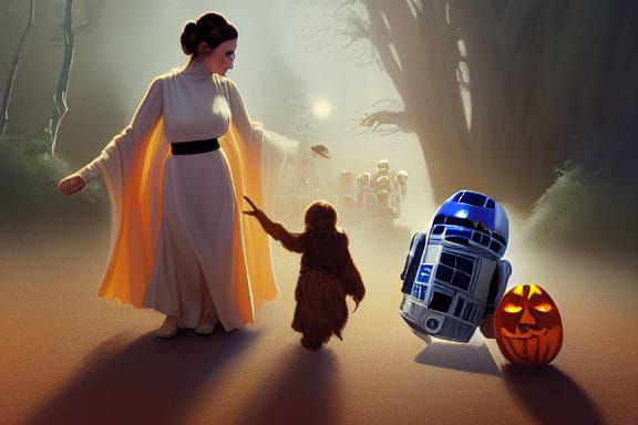 Leia, R2-D2, and Chewbacca Trick-or-Treating
