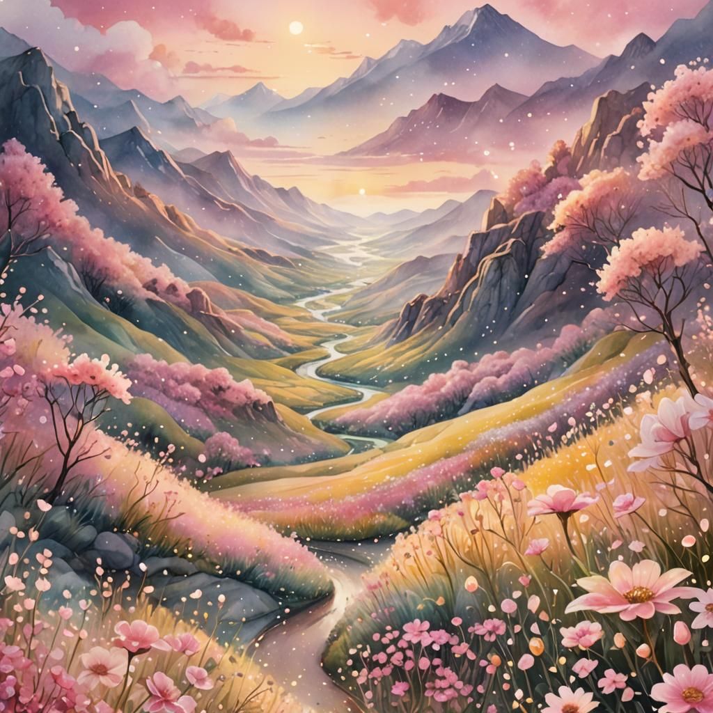 Whimsical Valley of Crystalline Flowers in Watercolor