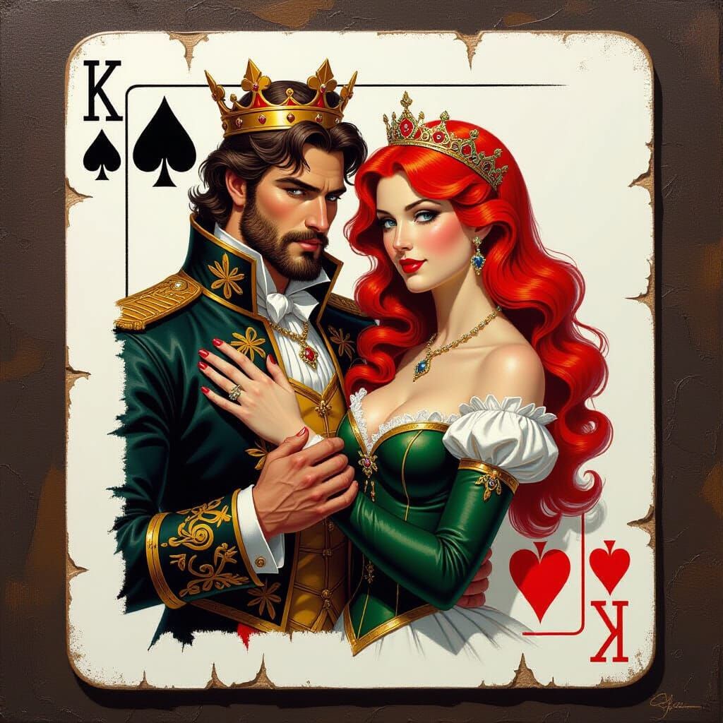 King and Queen Split Card Oil Painting