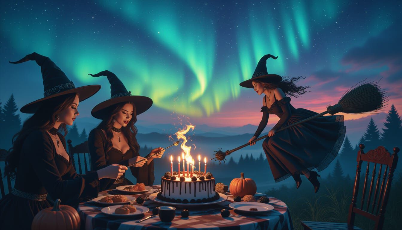 Witches Casting Spells Under Aurora Sky Digital Matte Painti...