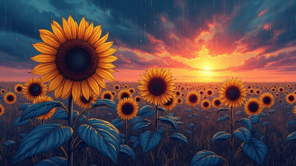 Surreal Metallic Sunflowers with Matrix Code Sky