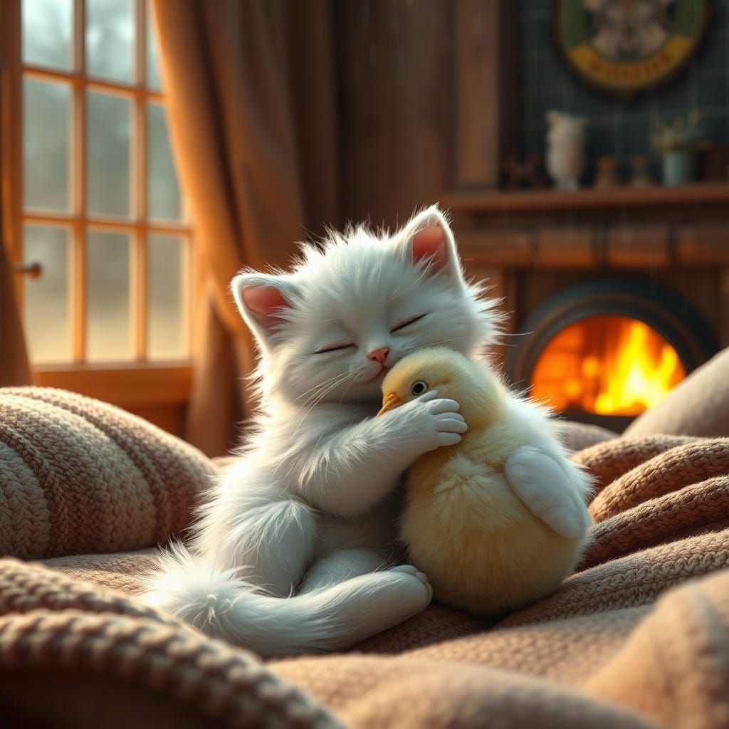 Cozy Animated Scene of Kitten and Chick in Warm Hug