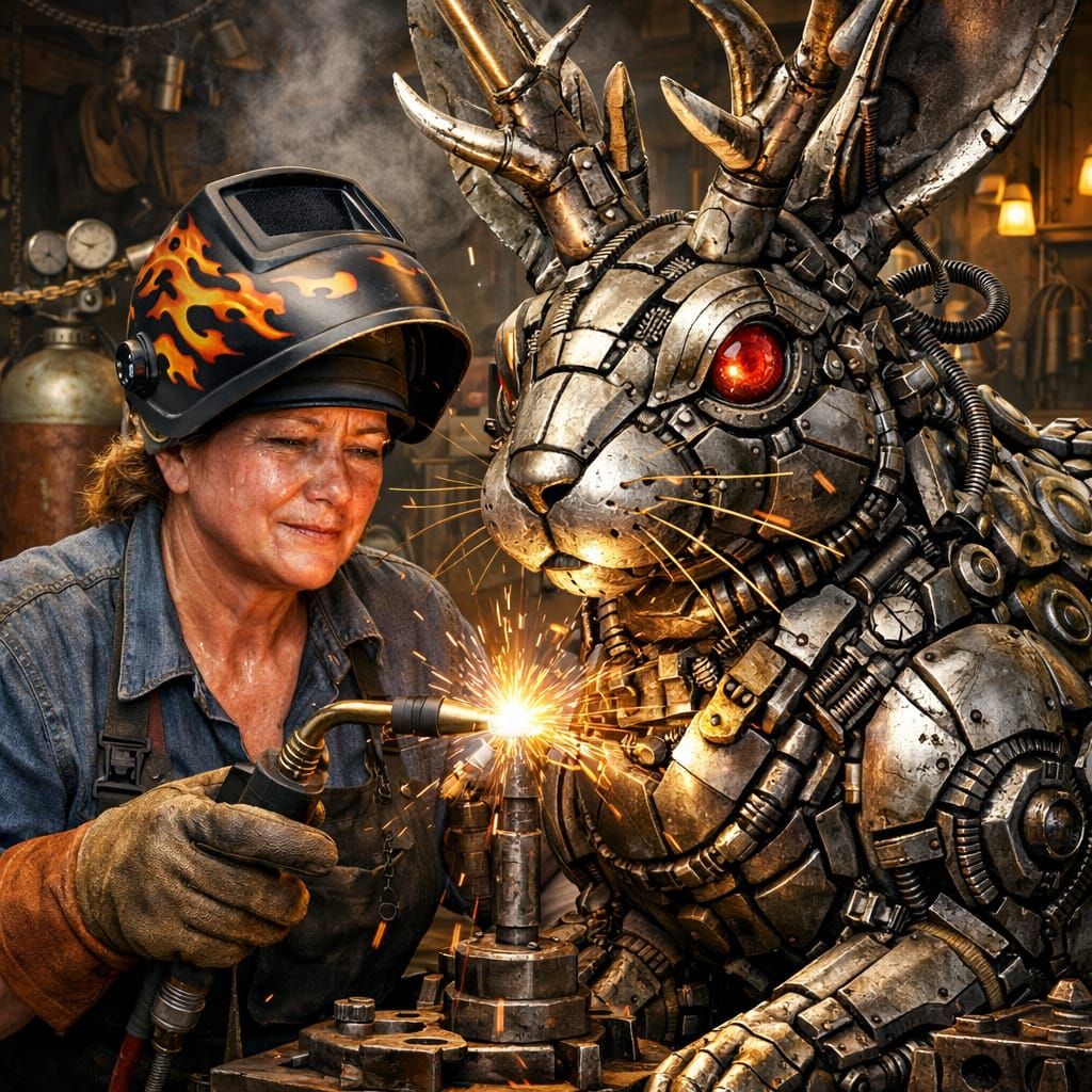 Woman Welding a Metal Jackalope in Detailed 3D Illustration