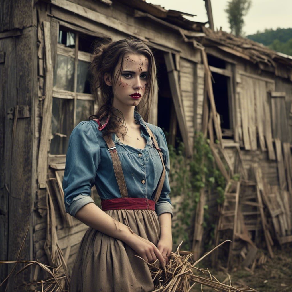 Rockabilly Woman Pursued by Scarecrows on Decaying Farm