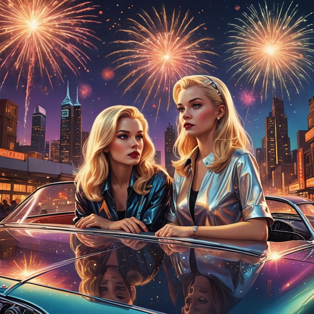 Retro-Futuristic Car with 50s Blondes in Neon Cityscape