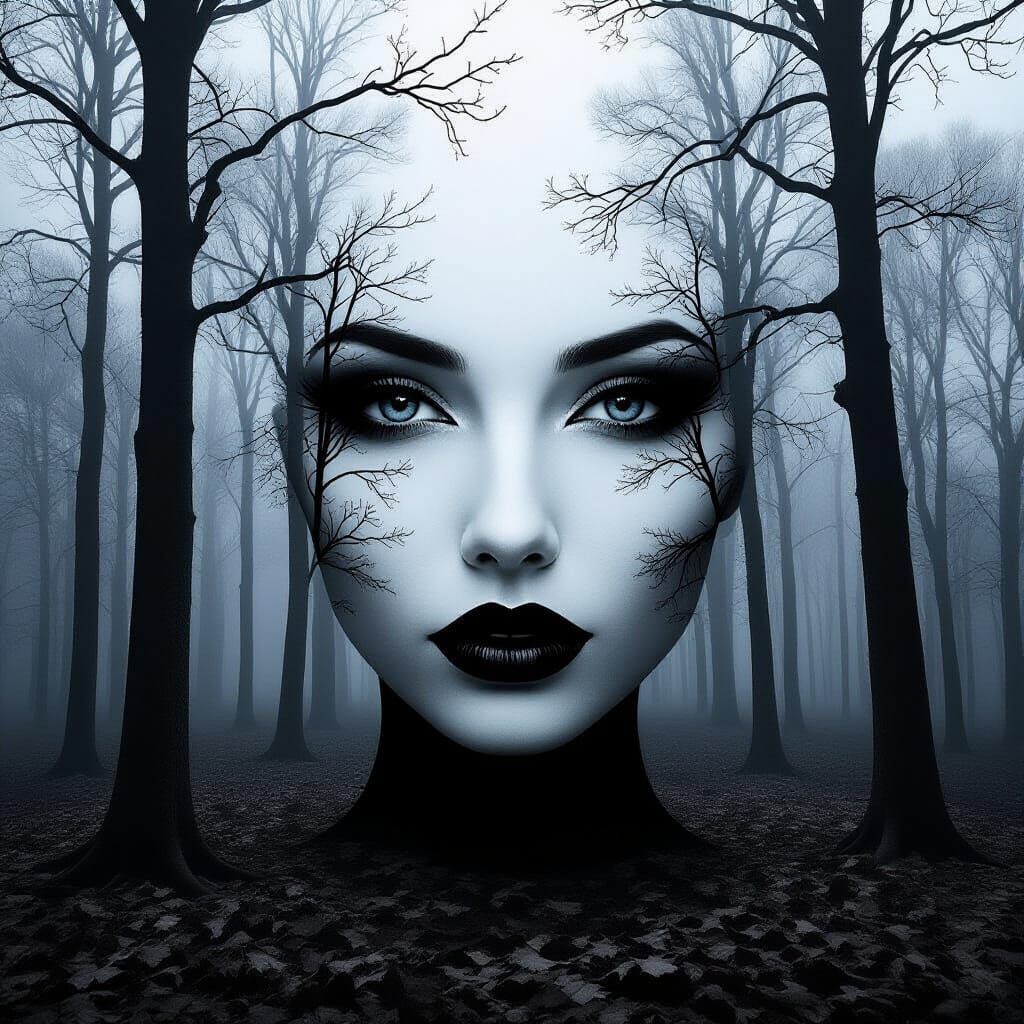 Monochrome Forest Woman Face Illusion