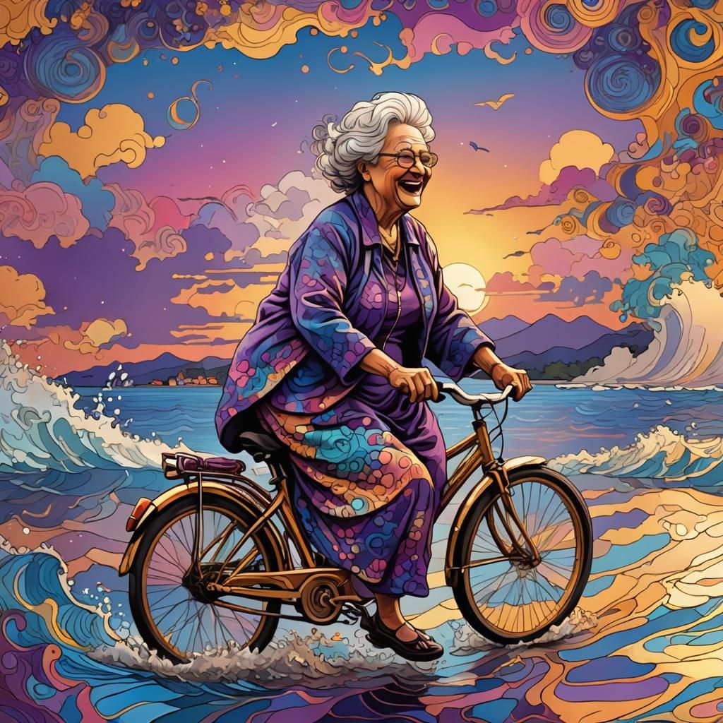 Grandma Rides Bicycle at Sunset with Colorful Reflections