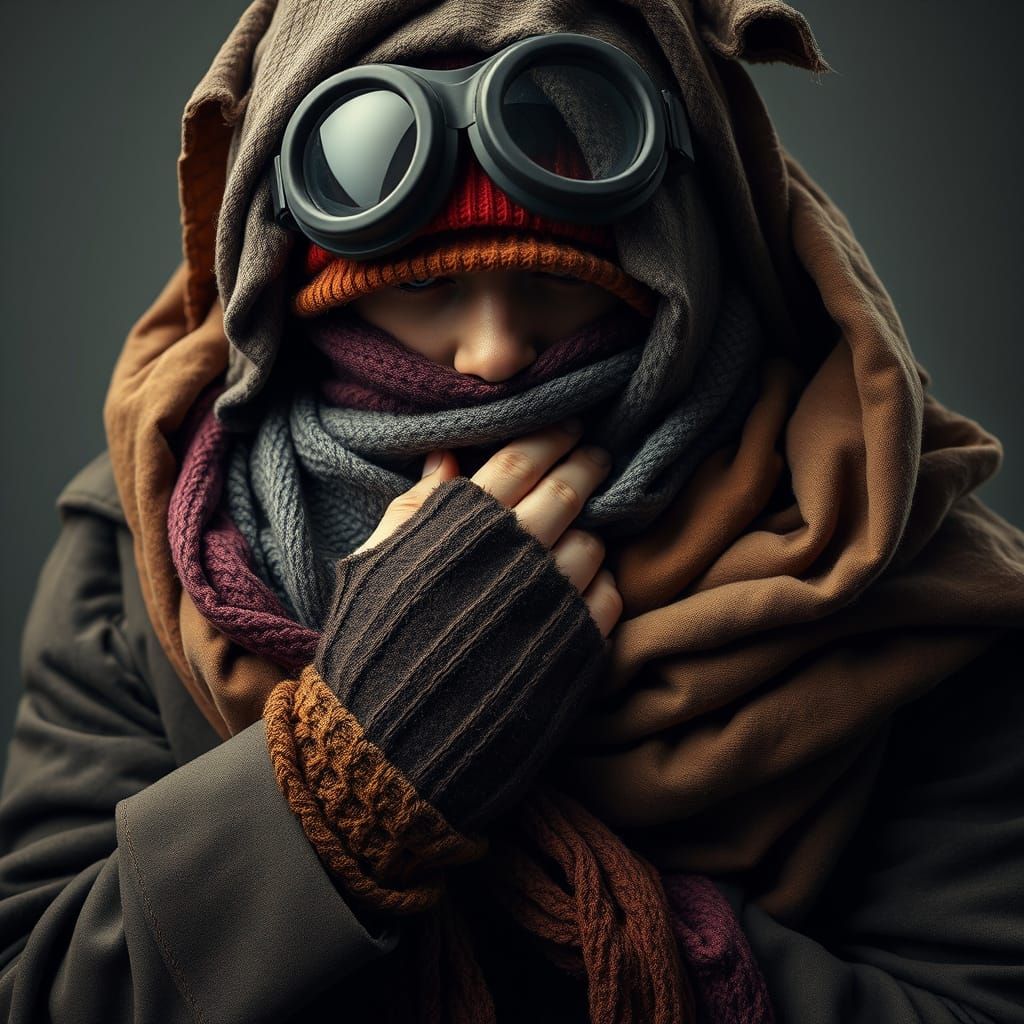 Person Buried Under Layers of Distressed, Mismatched Clothin...