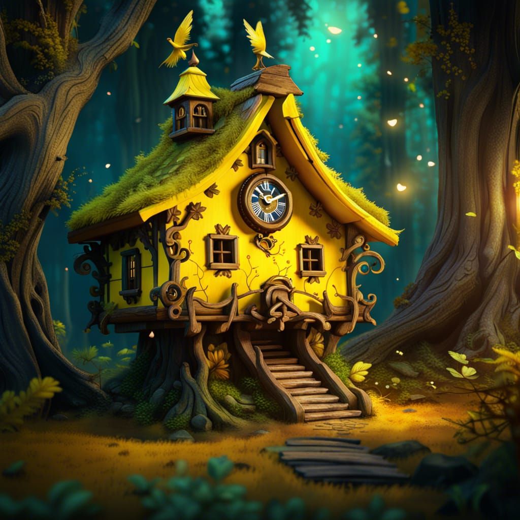 Magical Cheese Cuckoo Clock in Forest, Detailed Painting