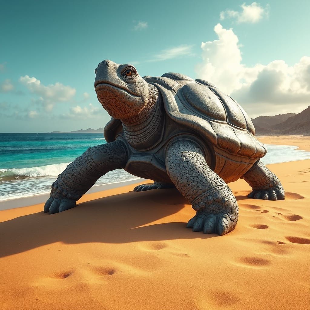 Majestic Oak Wood Tortoise Statue on Galapagos Beach