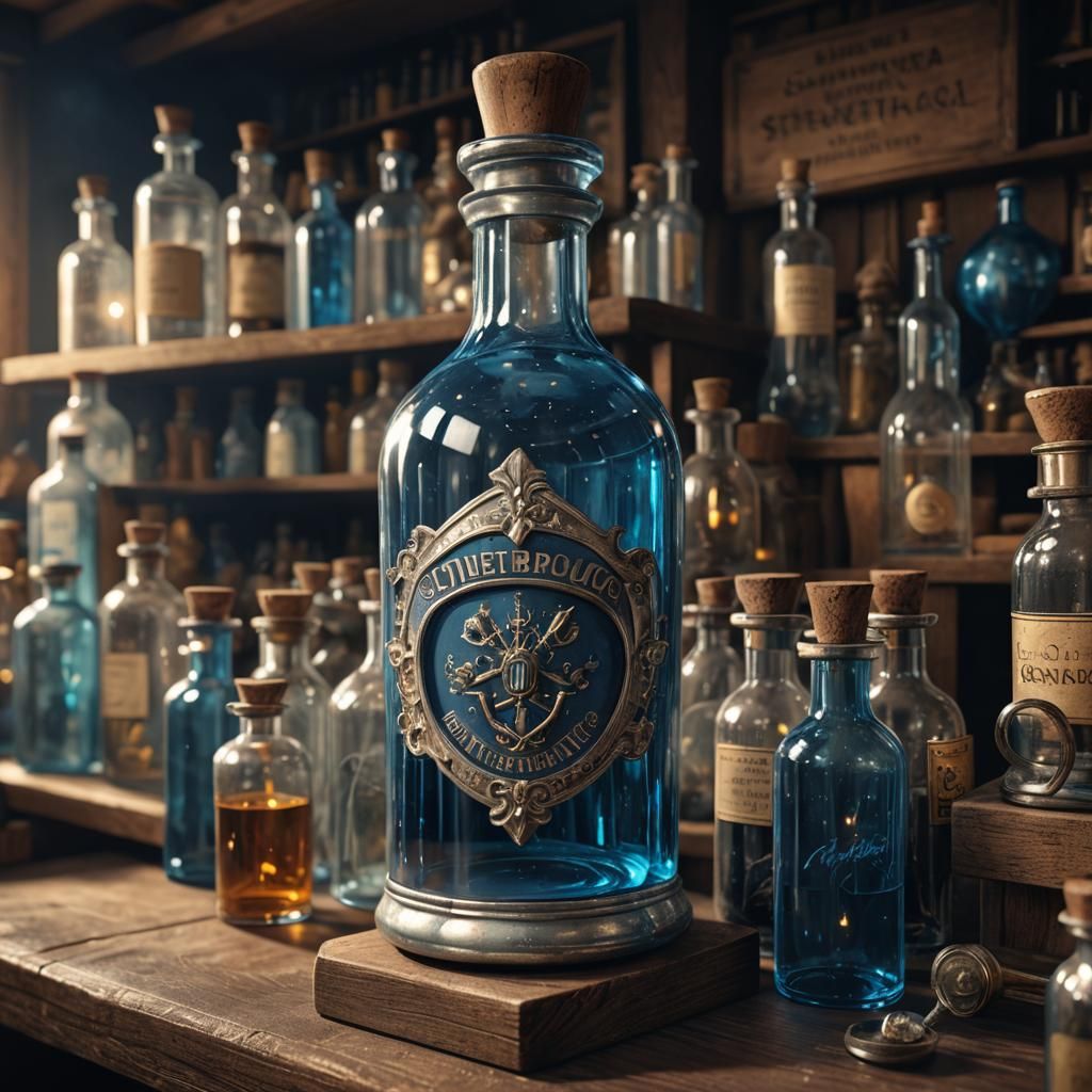Magical Blue Bottle in Strasbourg Apothecary, 3D Rendering