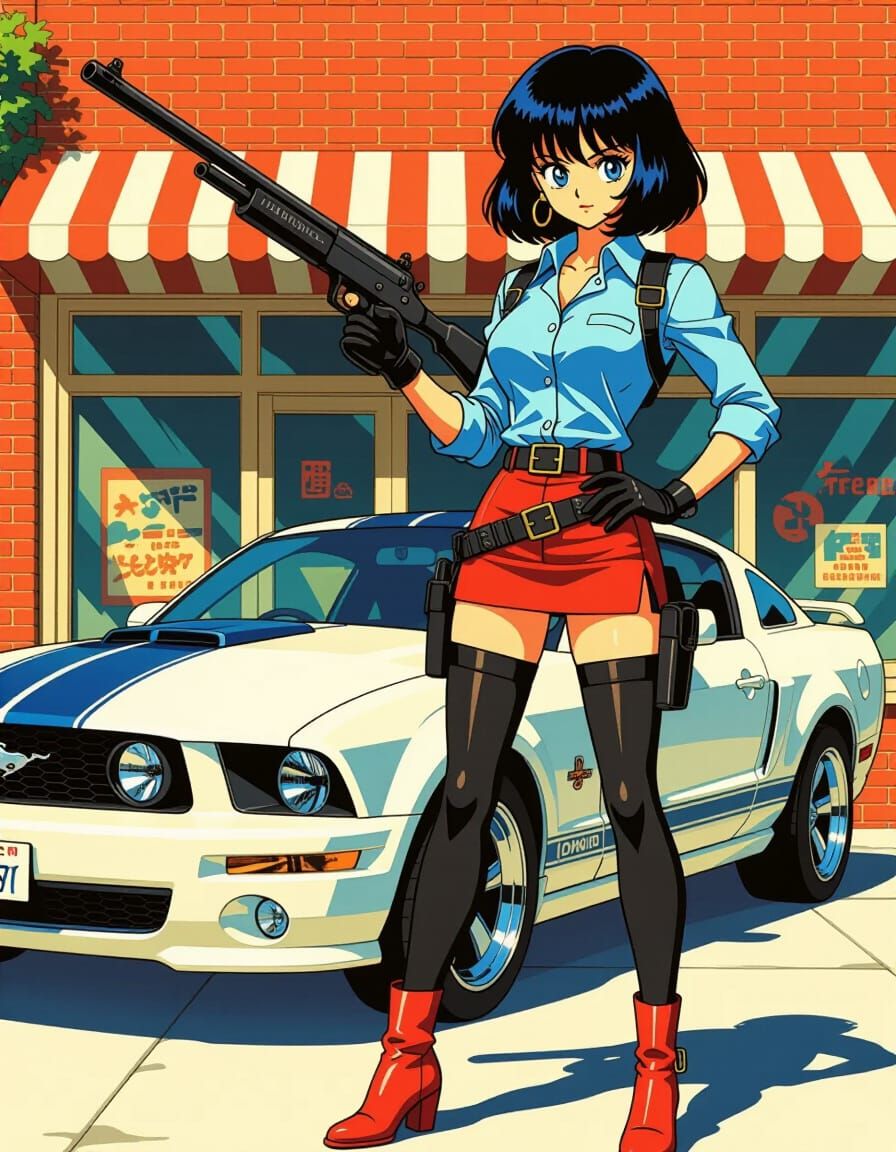 1990s Anime art style female with exaggerated Bob style, black hair and blue eyes. Wearing a light blue collared blouse ...