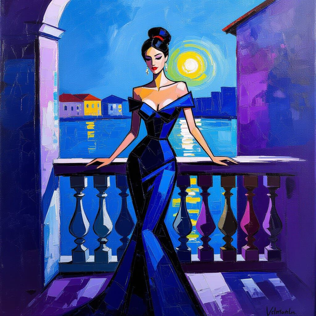 Elegant Woman on Venetian Balcony in Abstract Expressionist ...