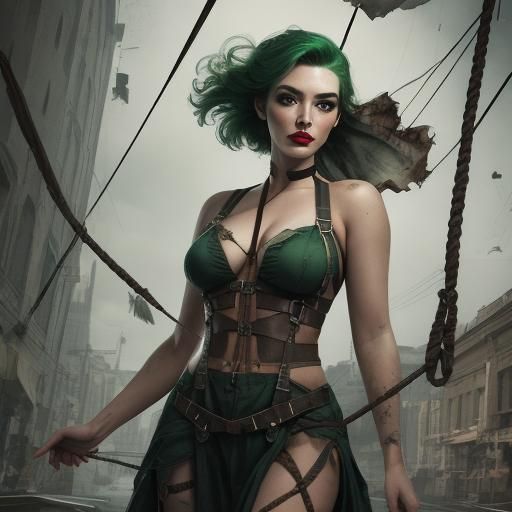 Suspended Model in Pin-Up Style with Green Makeup