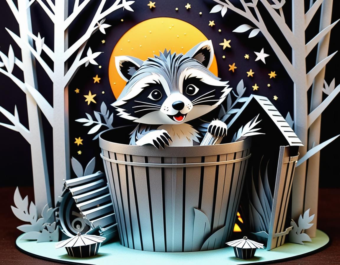Raccoon in Trash Bin as Kirigami Paper Art