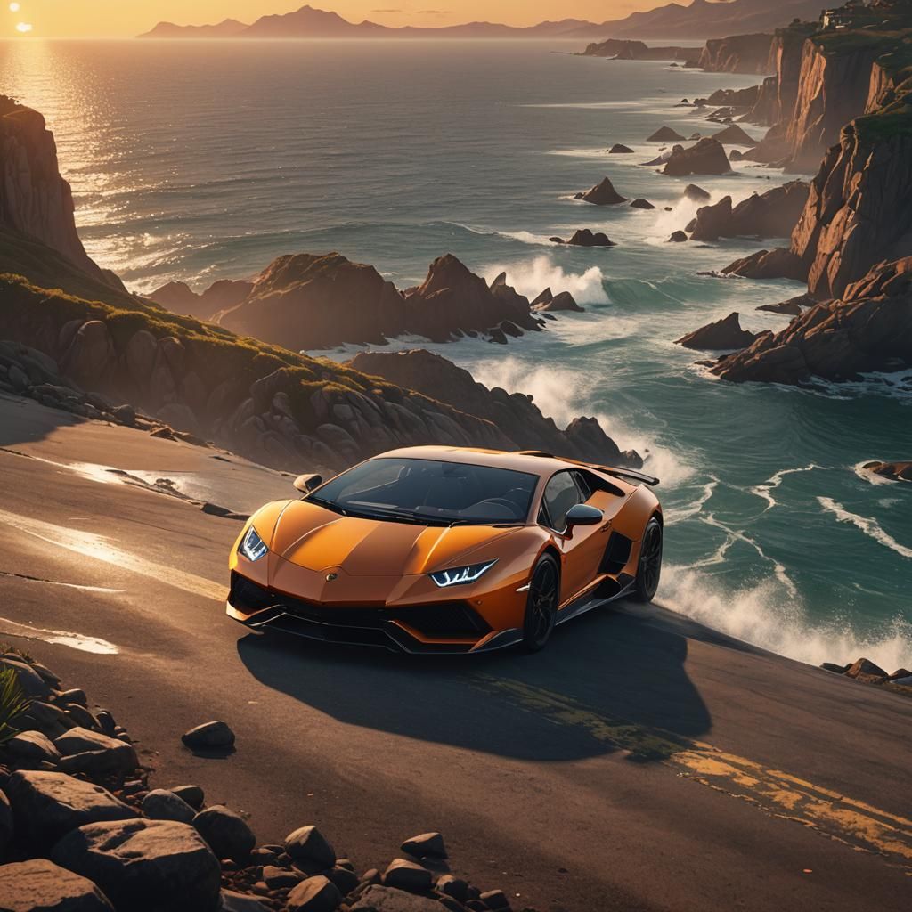 Lamborghini 350 Drives into Sunrise: Digital Matte Painting