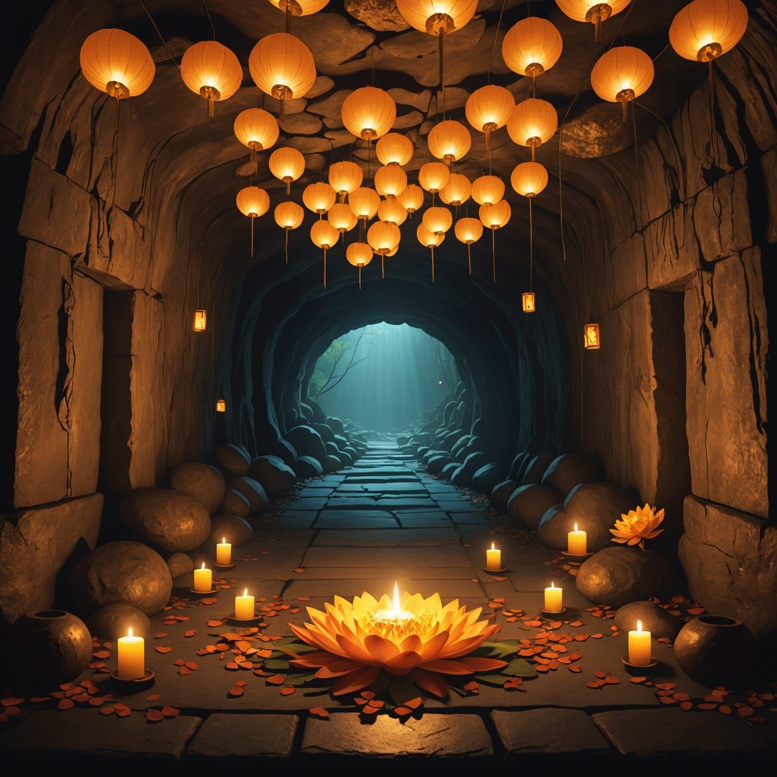 Ethereal Cave Tunnel With Lotus Flowers and Lanterns
