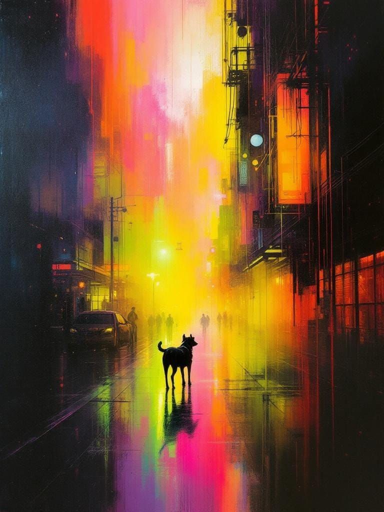 Neon Noir Dog in Thick Atmospheric Sunlight