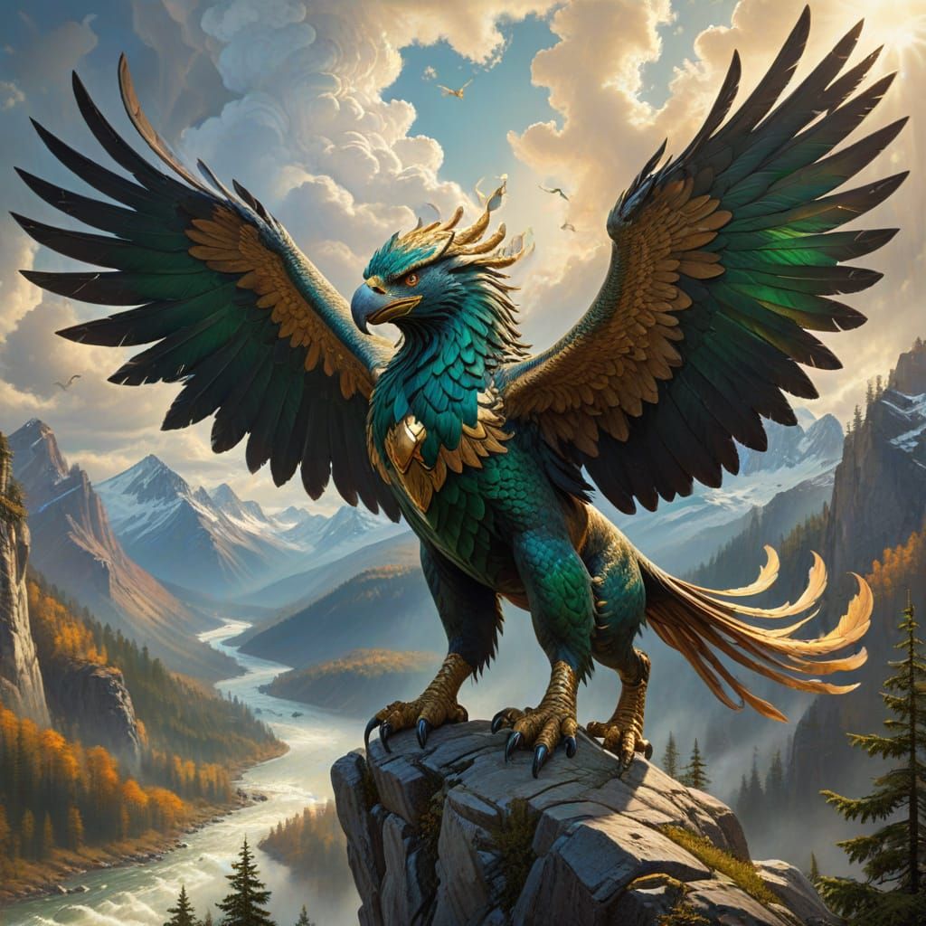 Golden Griffin Soaring Through Radiant Sky