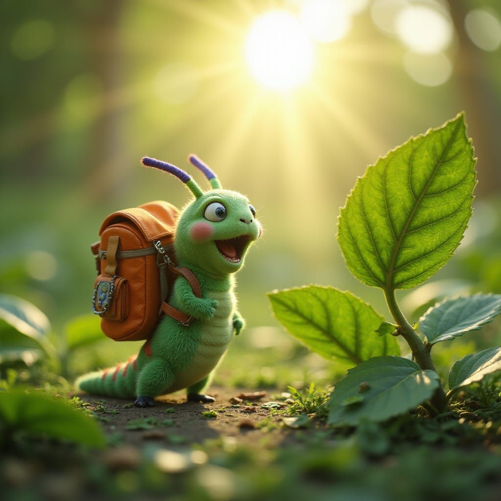 Caterpillar Gazing at Leaf in Pixar Style 3D Art