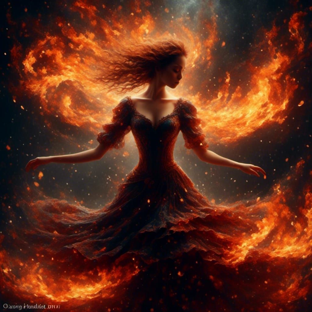 Flaming Dress Dance Silhouette in the Dark