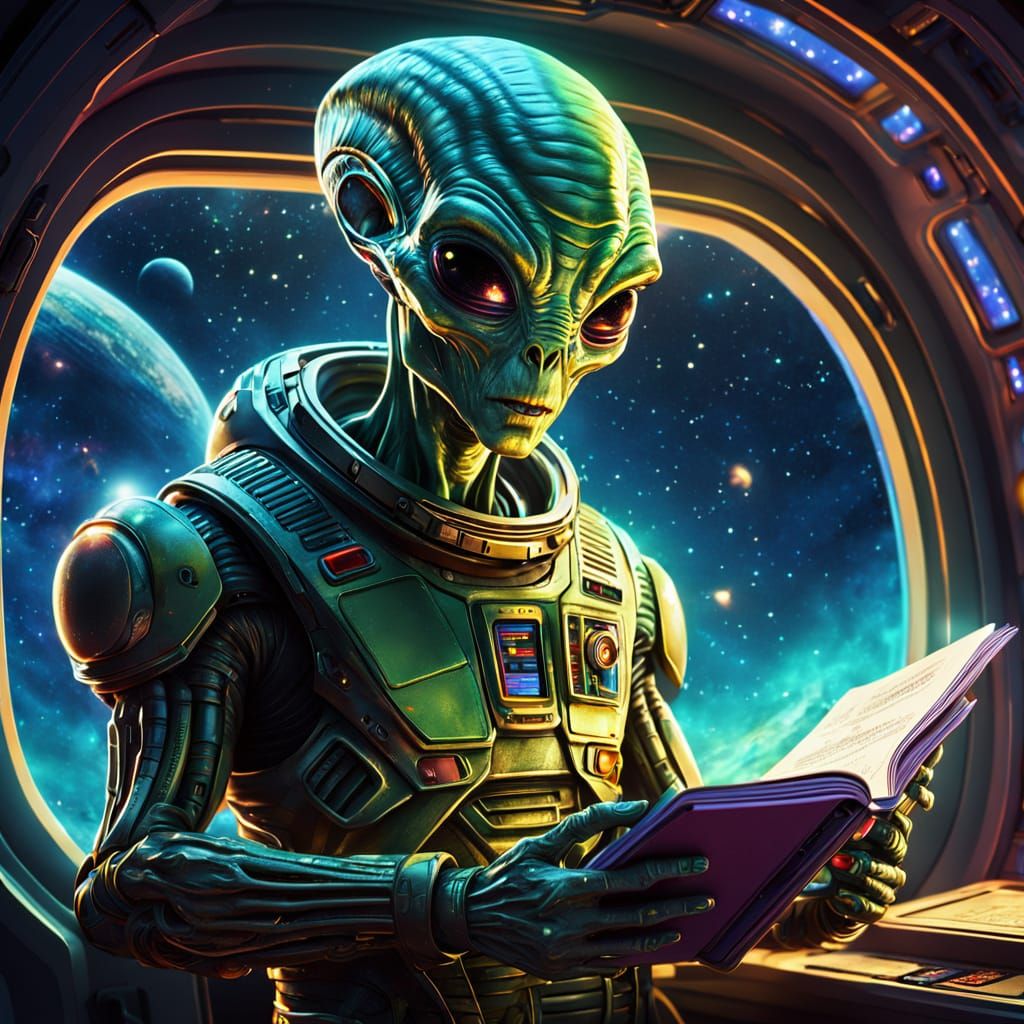 Alien Space Traveler Holds Vibrant Guidebook on Spaceship