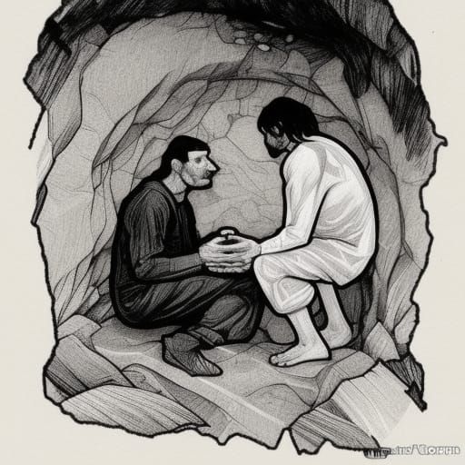 Italian Hermits Meditating: Black and White Linocut